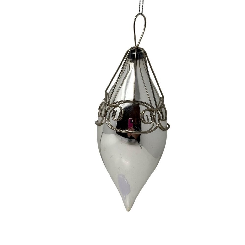 Vintage Silver Blown Glass Teardrop Christmas Ornament Wire Cage Mercury Finish